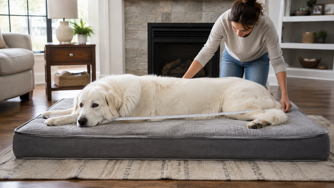 Large white dog lying on a gray dog bed while being measured for sleeping length