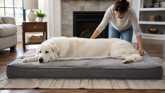 Large white dog lying on a gray dog bed while being measured for sleeping length