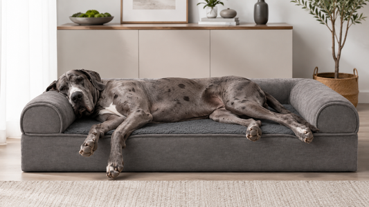 Great Dane stretched across a large gray sofa-style dog bed showing usable sleeping space