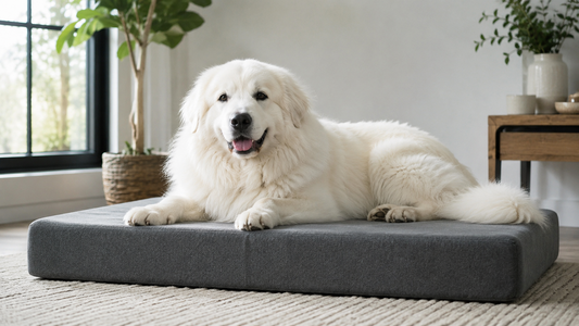 Great Pyrenees resting on a thick supportive gray dog bed