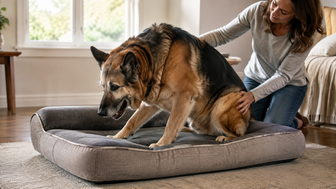 Older German Shepherd stepping onto a supportive gray dog bed with help from an owner