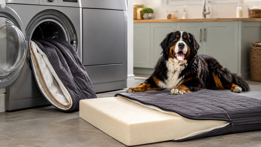 Bernese Mountain Dog beside a removable dog bed cover and exposed foam core in a laundry room