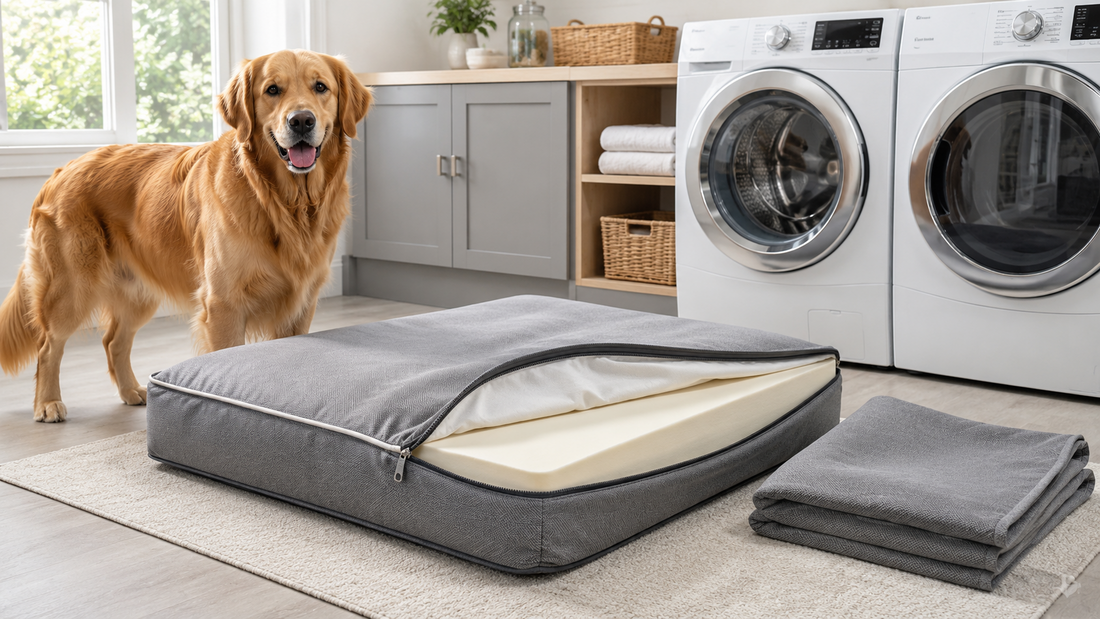 Golden Retriever beside a large gray dog bed with the removable cover unzipped to show the foam