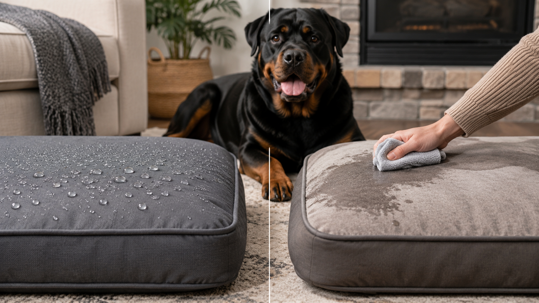Rottweiler behind a comparison of water beading on one dog bed and moisture being wiped from another