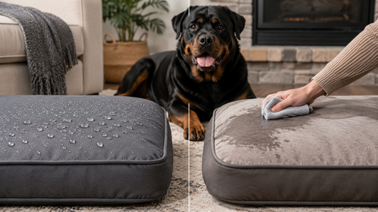 Rottweiler behind a comparison of water beading on one dog bed and moisture being wiped from another
