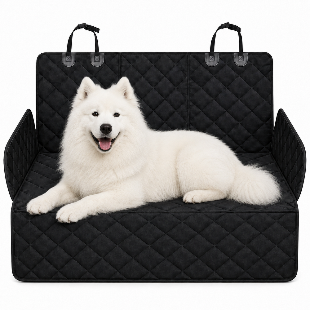 White Samoyed on a black quilted full-width back-seat dog cover with raised side panels