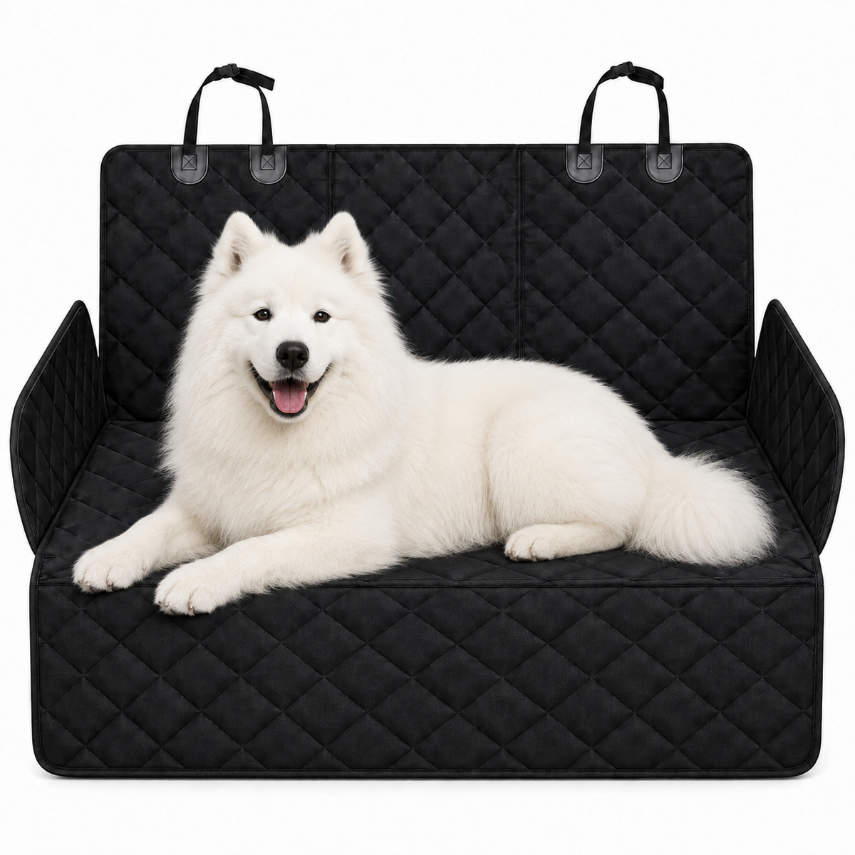 White Samoyed on a black quilted full-width back-seat dog cover with raised side panels