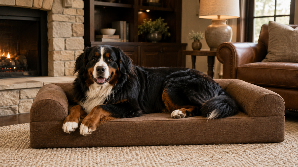 Bernese mountain dog resting on a large brown supportive dog bed