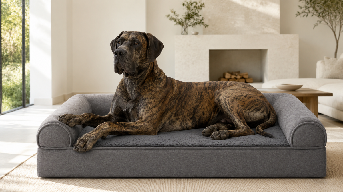 Large brindle dog resting on a gray sofa-style supportive dog bed
