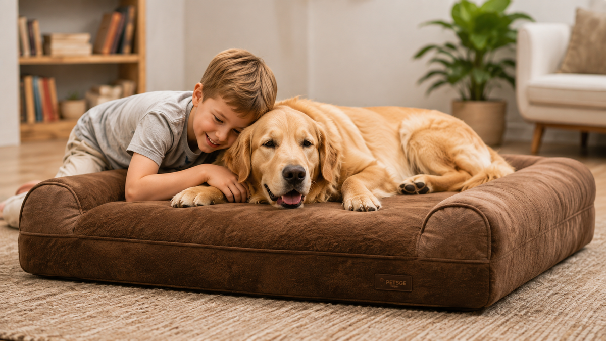Great Dane resting outdoors on a large brown bolster dog bed