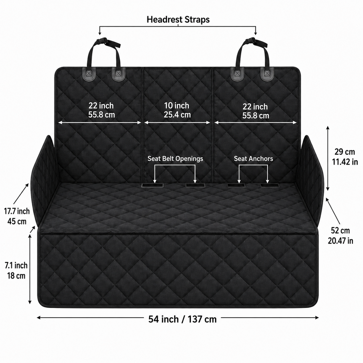 Black quilted dog back-seat cover showing attachment points and dimensions