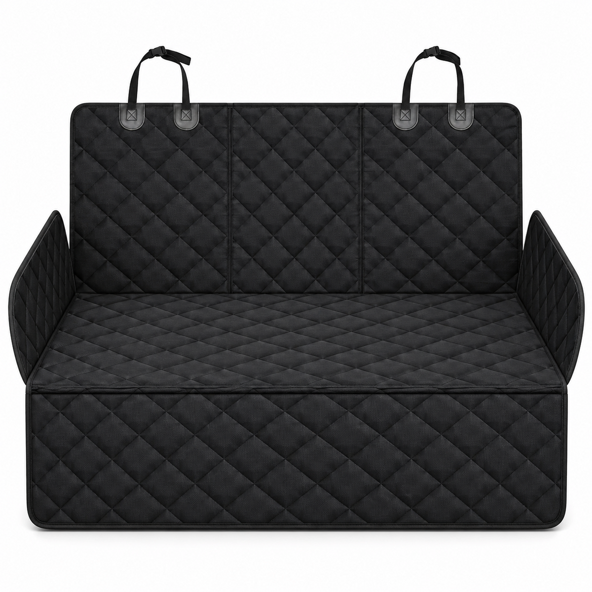 Front view of black quilted full-width dog back-seat cover