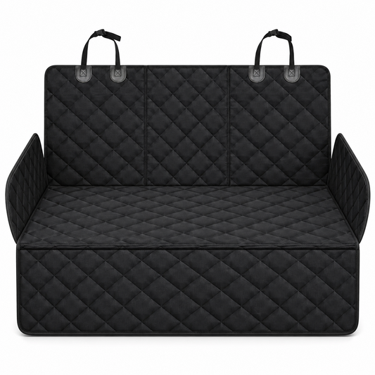 Front view of black quilted full-width dog back-seat cover