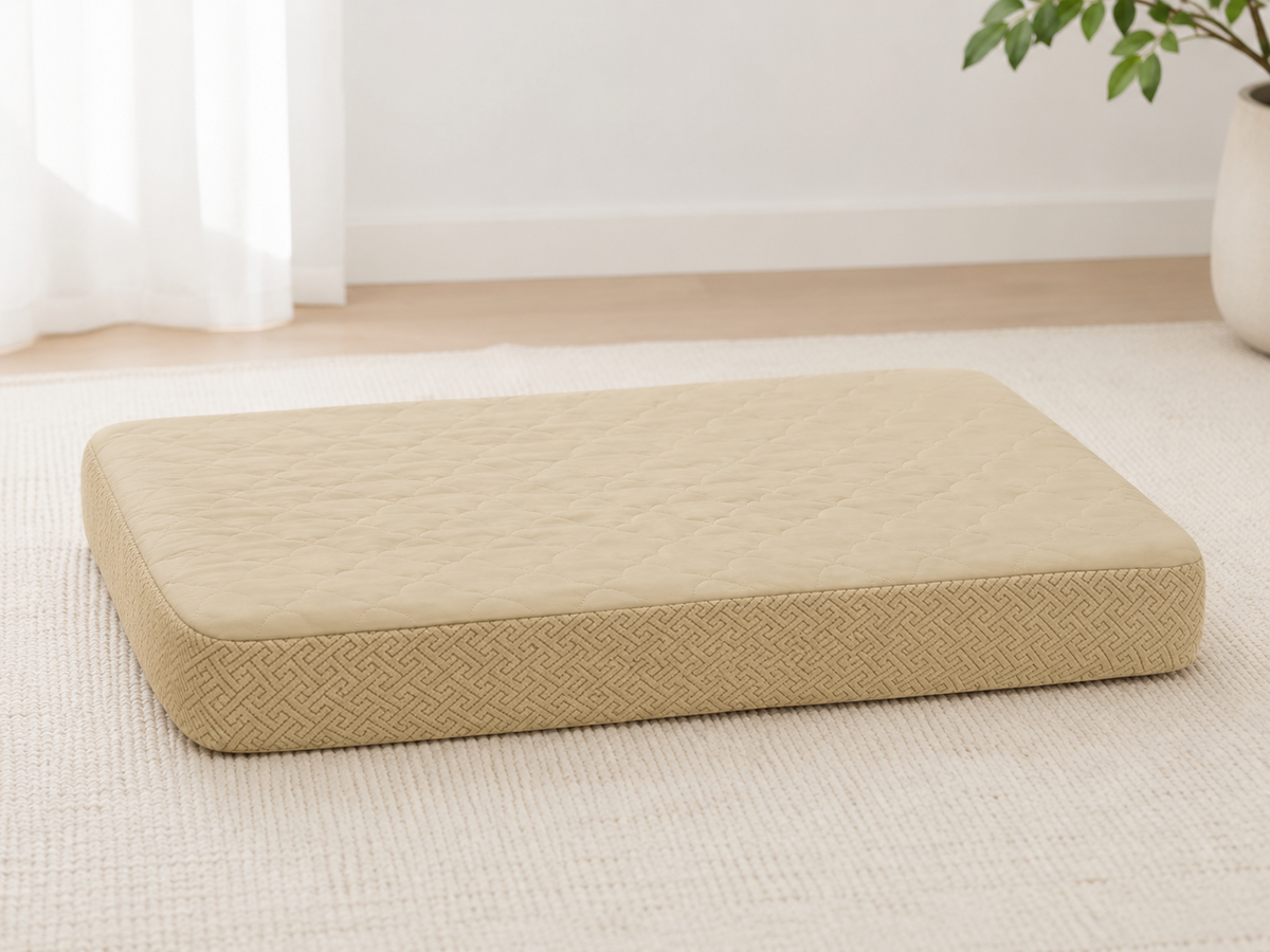 Beige replacement dog bed cover on a rectangular dog bed
