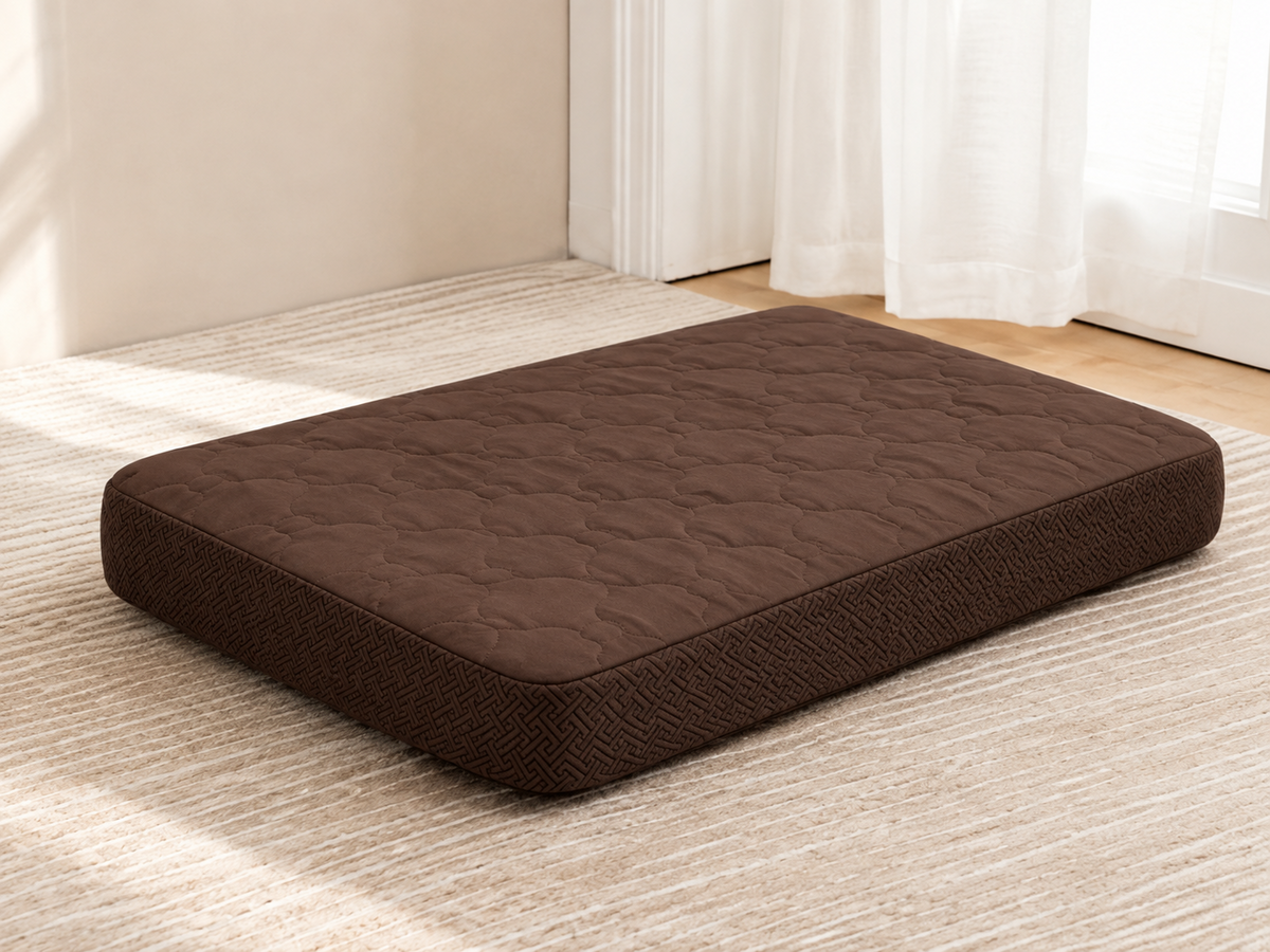 Brown replacement dog bed cover on a rectangular dog bed