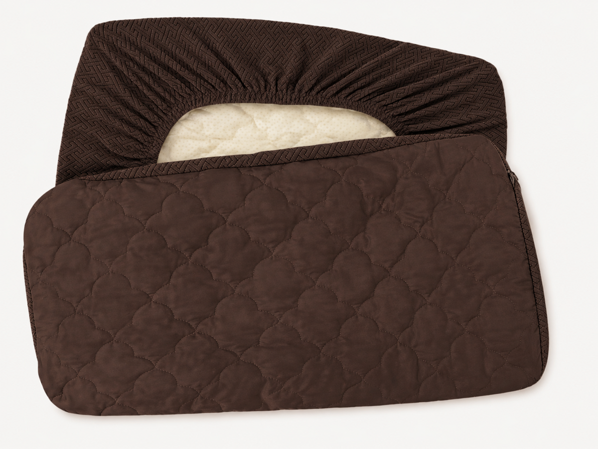 Brown replacement dog bed cover shown opened to display the removable cover