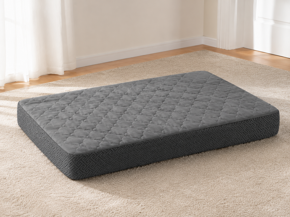 Grey replacement dog bed cover on a rectangular dog bed