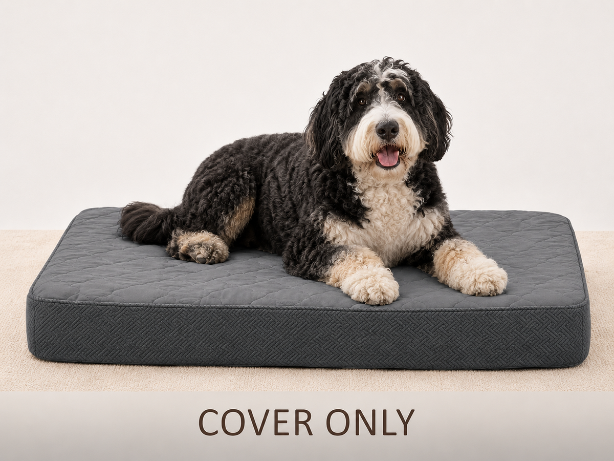 Grey dog bed cover with black and white dog and cover only label