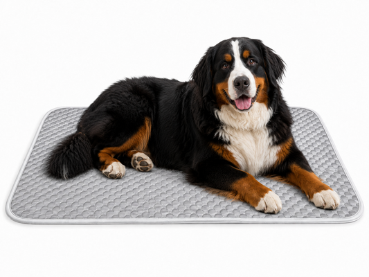 Bernese mountain dog resting on gray DogAlign orthopedic crate pad