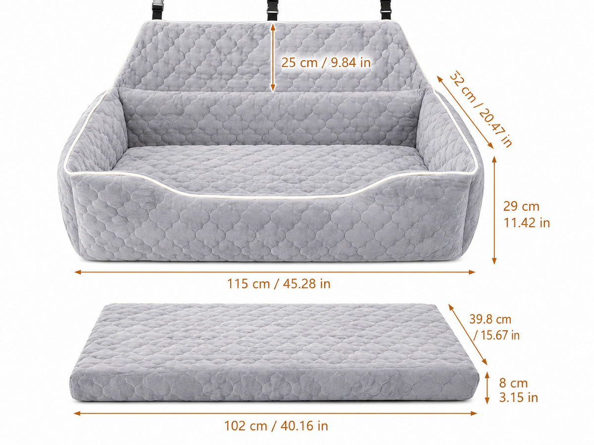 Gray cushioned dog car bed with removable pad and dimensions