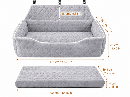 Gray cushioned dog car bed with removable pad and dimensions