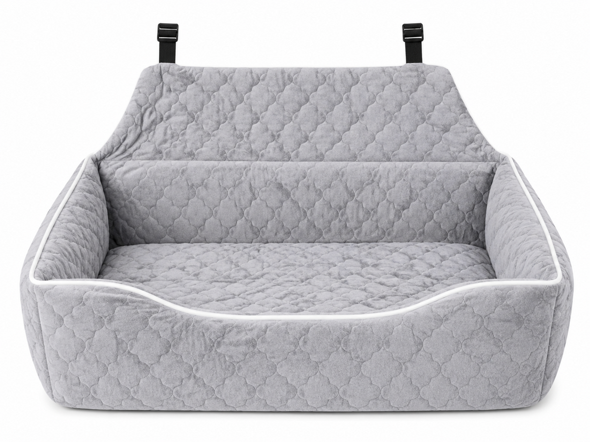 Front view of gray cushioned dog car bed