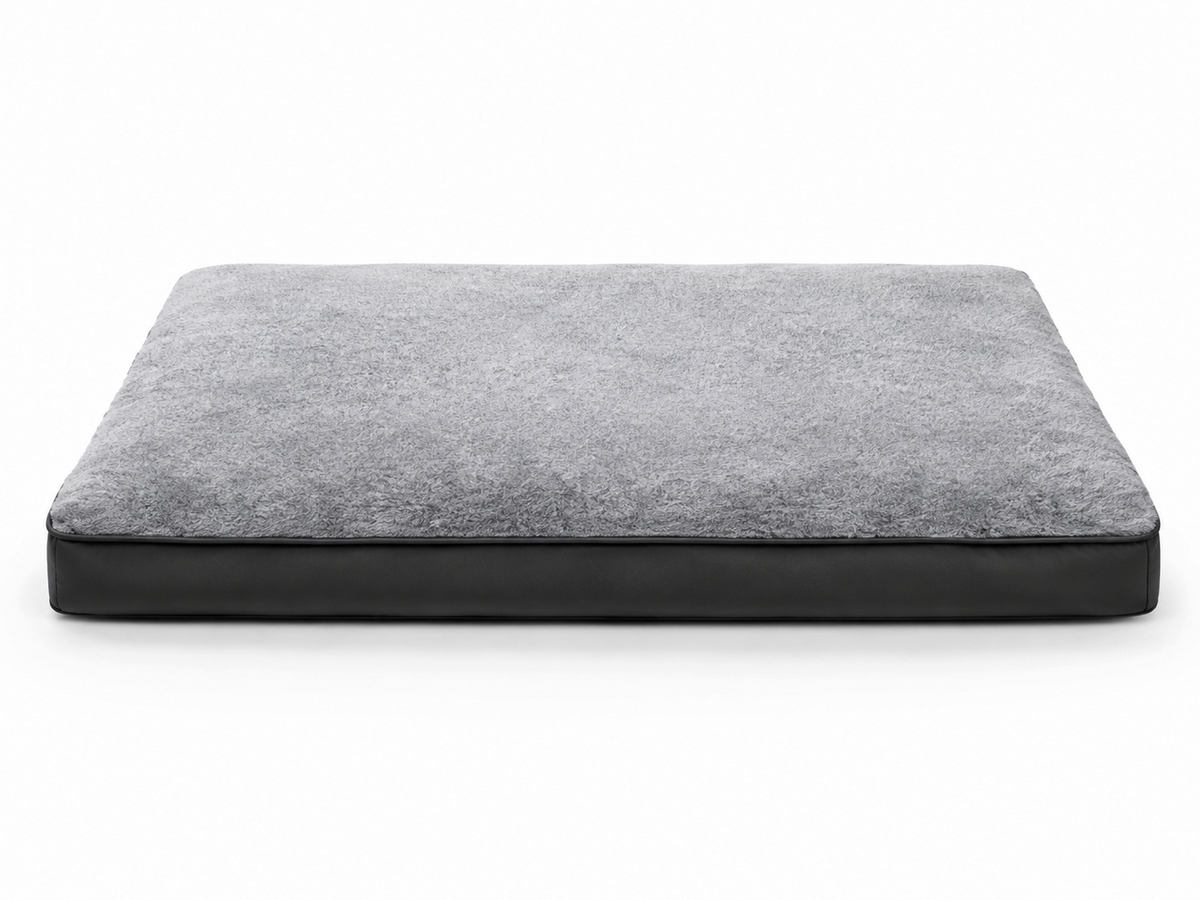Front view of gray plush orthopedic dog crate bed