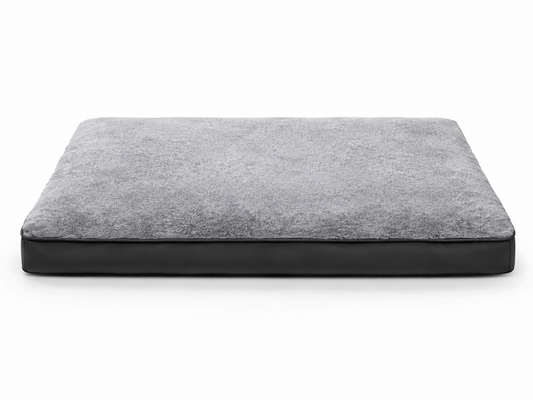Front view of gray plush orthopedic dog crate bed