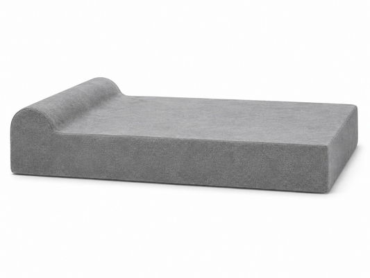 Angled view of grey Headrest orthopedic bed in XL