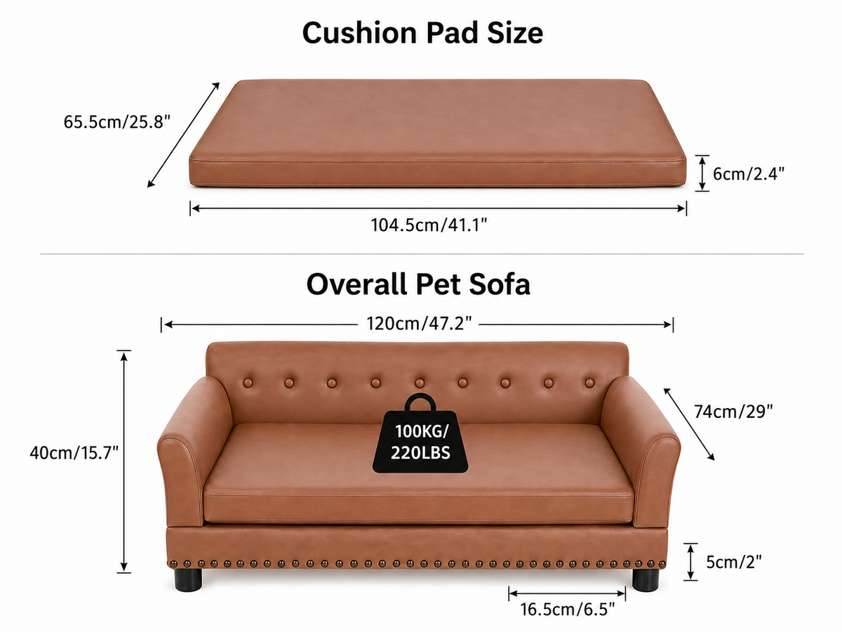 Beige and tan elevated sofa bed showing cushion and overall dimensions with 220 pound maximum load
