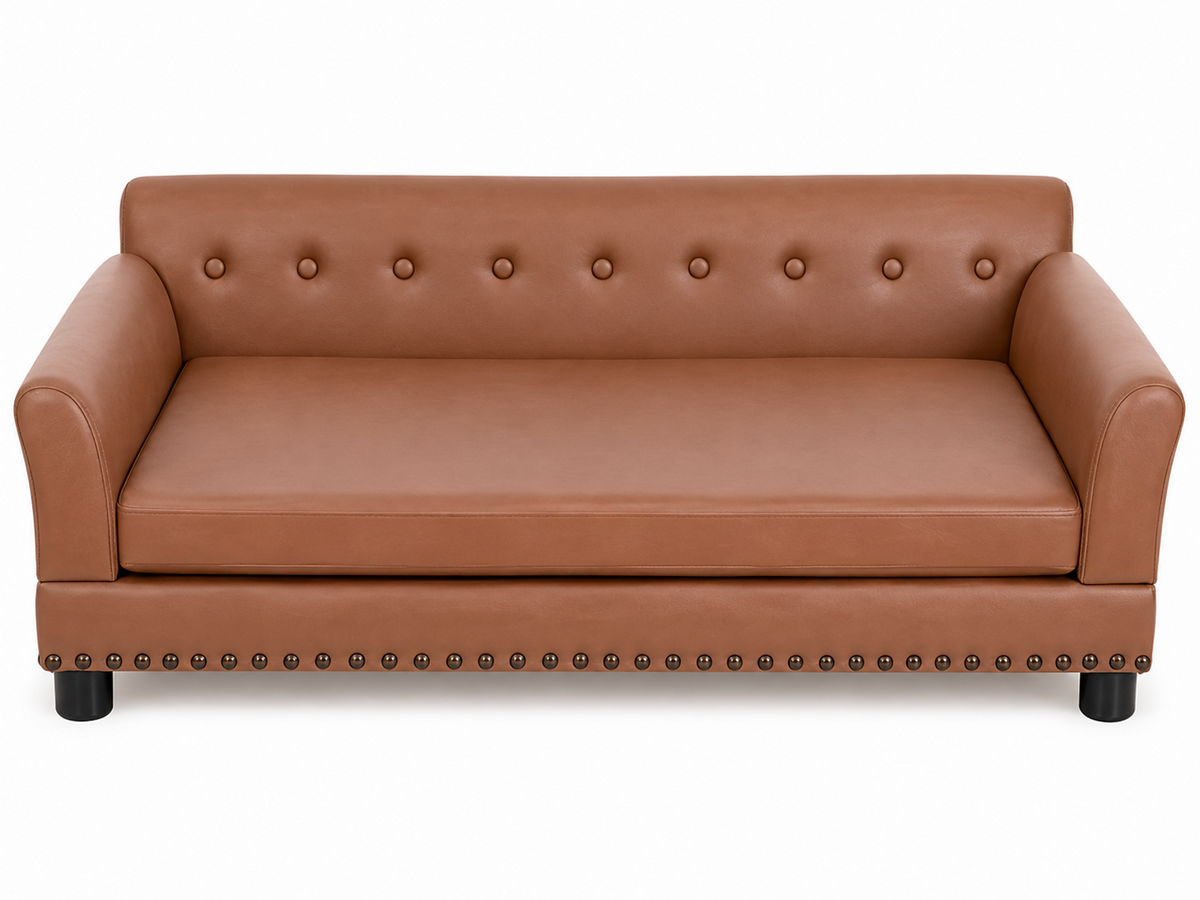 Front view of the beige and tan elevated sofa bed for large dogs