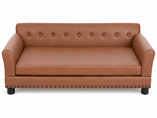 Front view of the beige and tan elevated sofa bed for large dogs