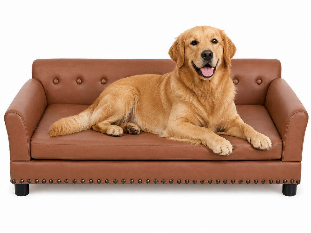 Golden Retriever resting on the beige and tan elevated sofa bed for large dogs