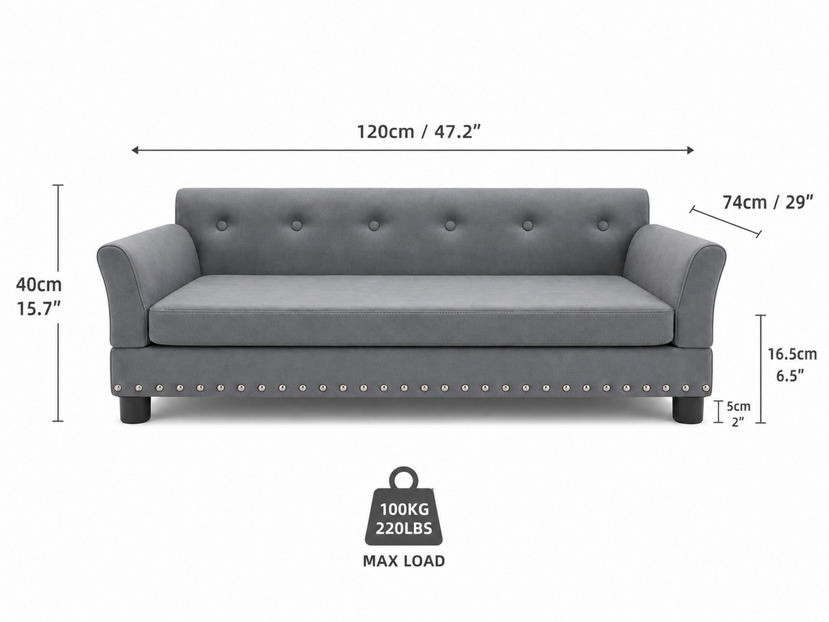 Dark grey elevated sofa bed showing dimensions and 220 pound maximum load
