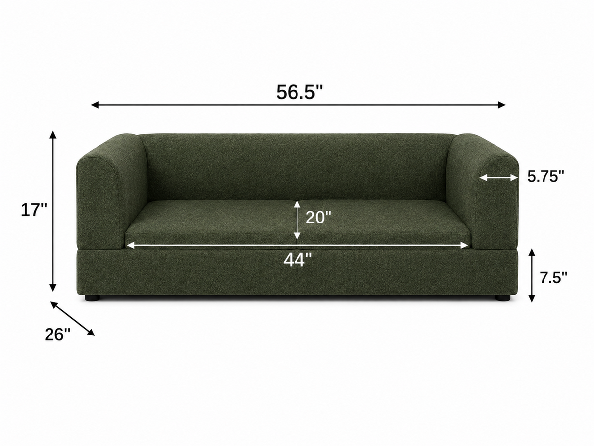 Olive green elevated sofa bed showing 56.5 by 26 by 17 inch dimensions