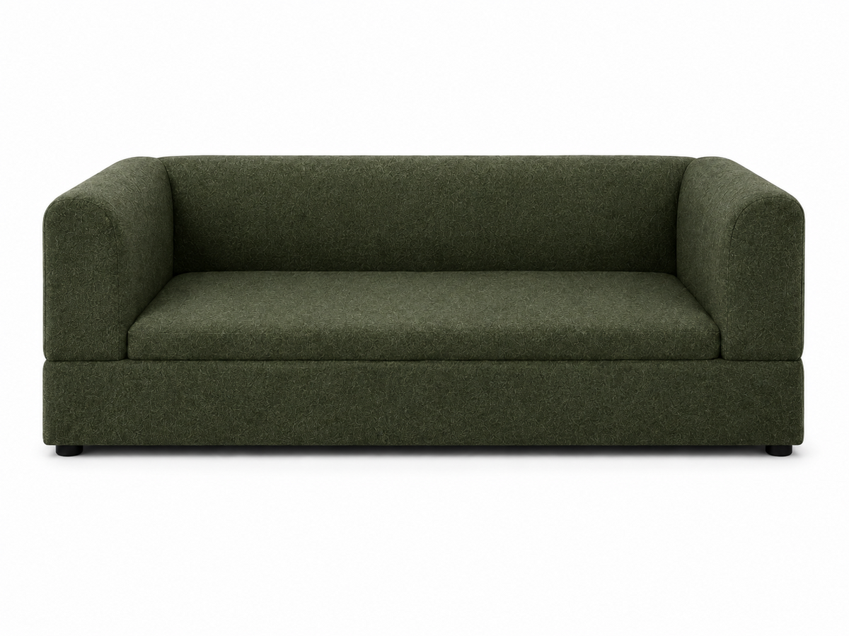 Front view of the olive green elevated sofa bed for large dogs