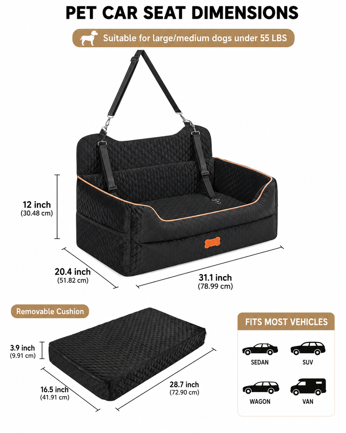 Black quilted DogAlign dog car seat showing product and removable cushion dimensions for dogs under 55 pounds