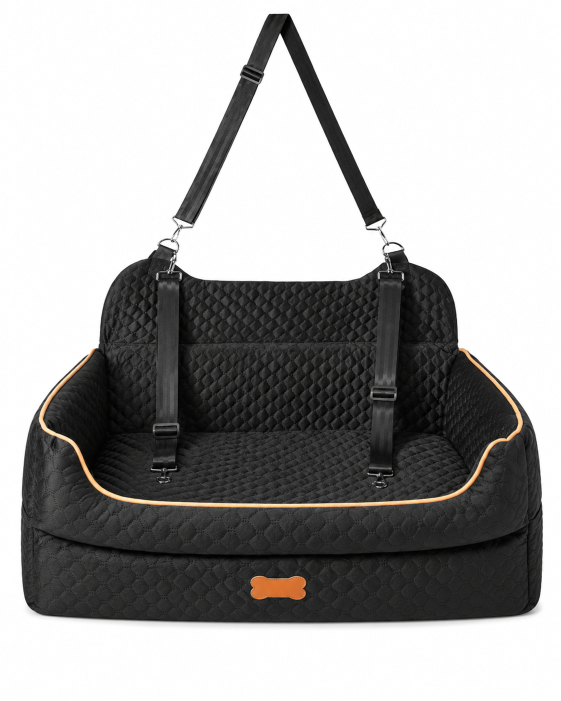 Front view of the black quilted DogAlign travel car seat for dogs