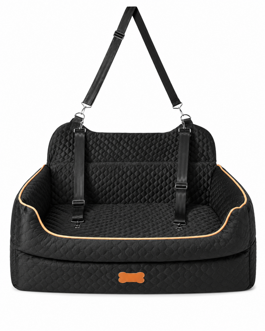 Front view of the black quilted DogAlign travel car seat for dogs