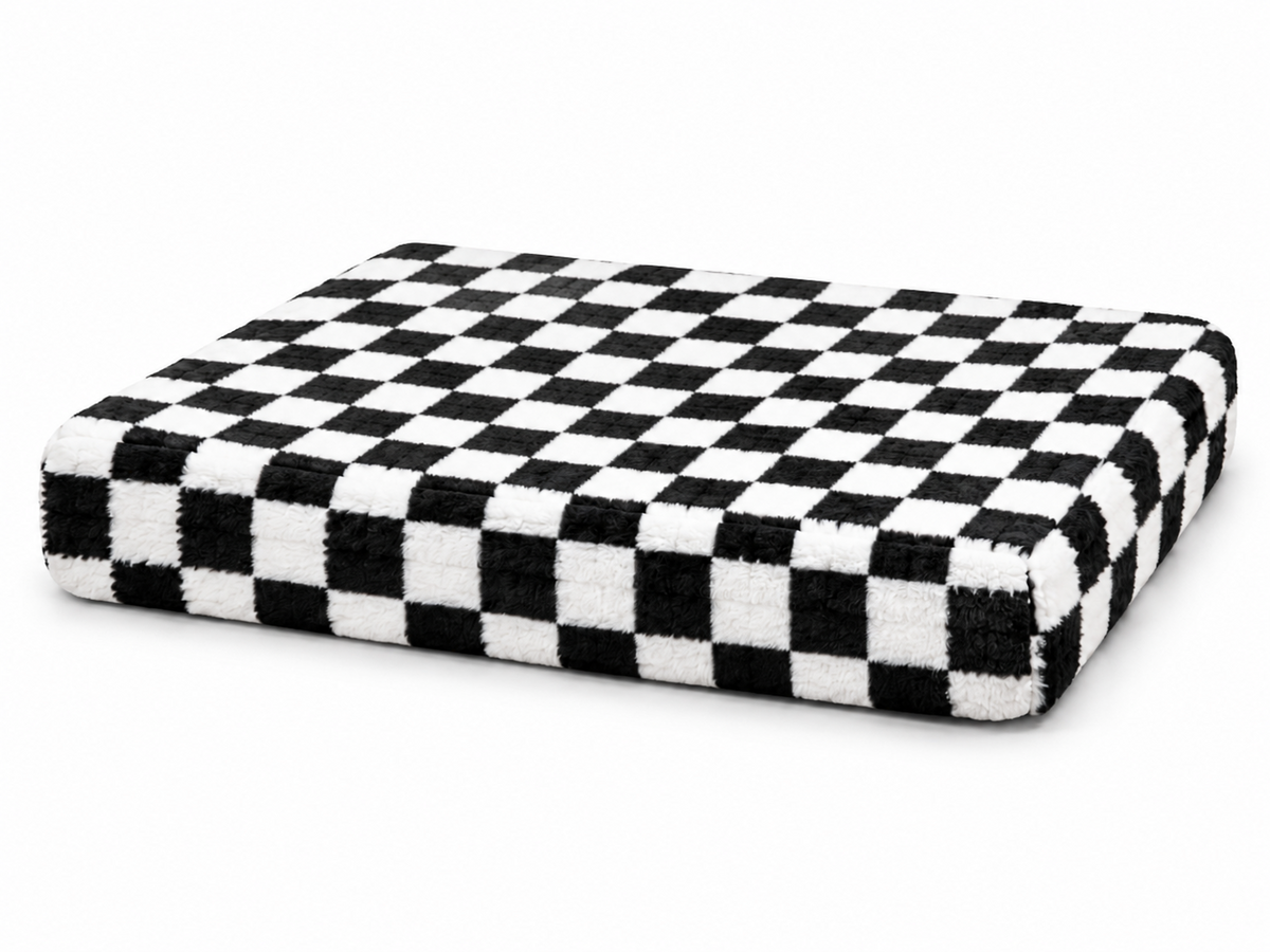 Angled view of checkerboard Sleek orthopedic bed in XL