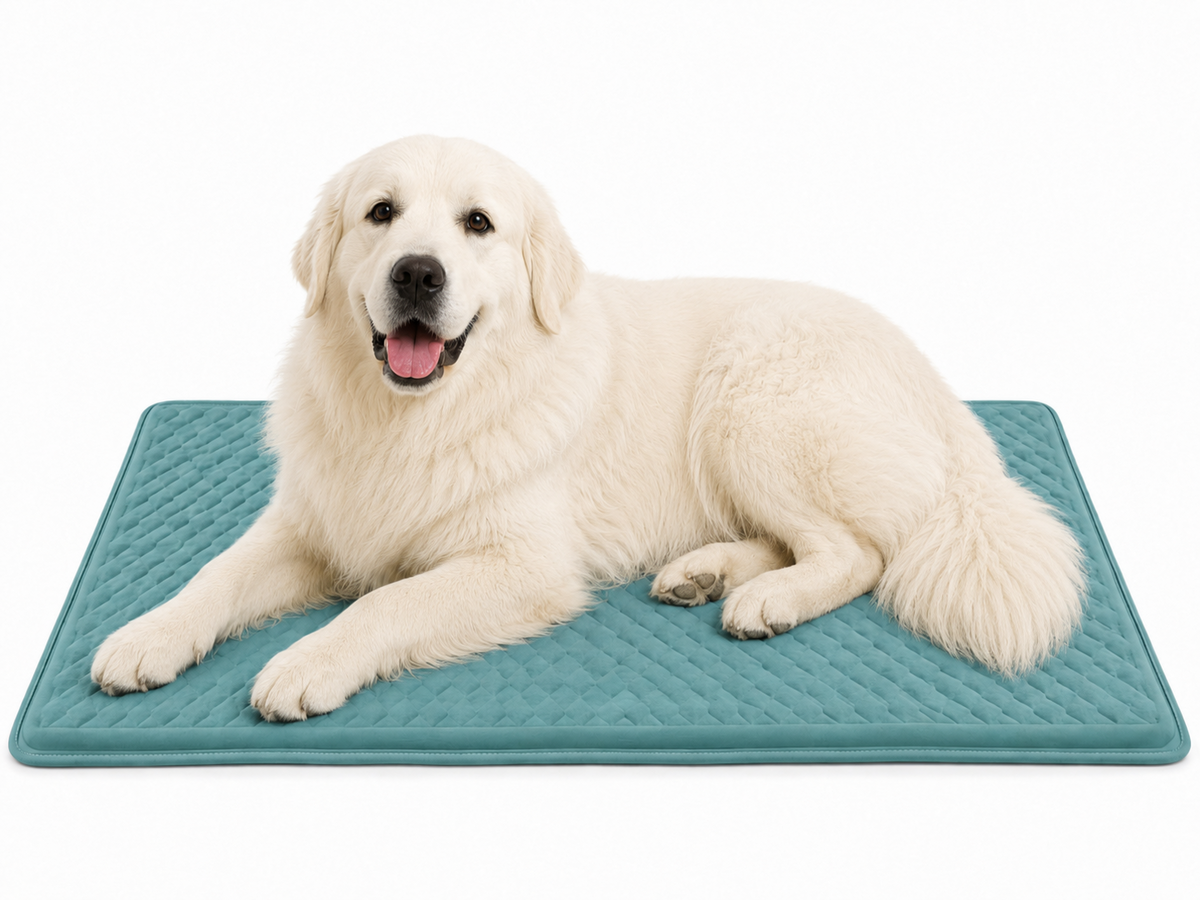 Large white dog resting on teal DogAlign orthopedic crate pad